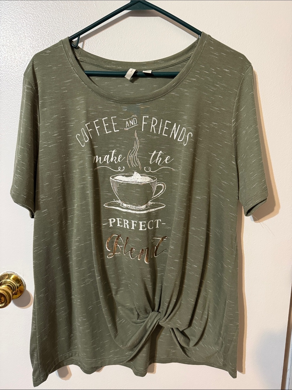 Cato Olive Green Short Sleeve Tee with Coffee Graphic